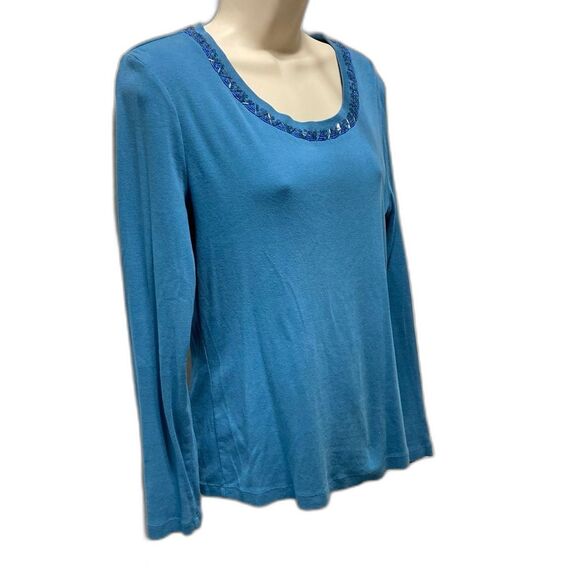 TALBOTS Beaded Jeweled Bling Neckline Lightweight Sweater Womens Medium Petite - Picture 2 of 9